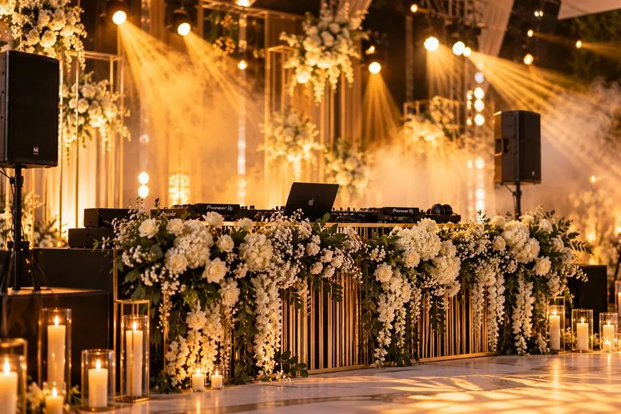 DJ console with floral front panel and warm stage lights