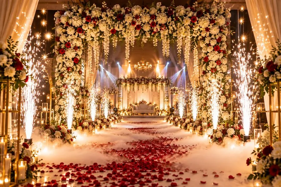 Wedding entrance with floral arch, sparklers and rose petals